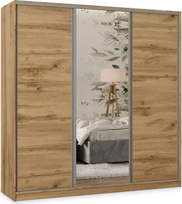 Produktbild von Masseno Schiebetürenschrank TARI 180/205/58 cm Kleiderschrank mit 4 Schubladen Schlafzimmer Schrank 3-türig mit Spiegel Eiche Wotan