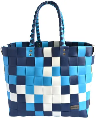 A woven shopping basket with handles, displayed against a white background.