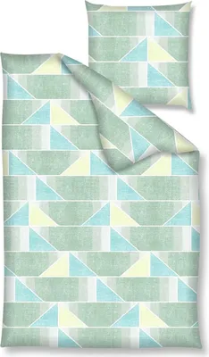 A flat lay of a duvet cover and pillowcase with a geometric pattern.