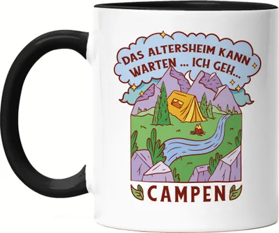 Produktbild von Altersheim kann warten Ich geh campen Tasse Schwarz Camping Opa Oma Wohnwagen Wohnmobil Zelten Geschenkidee