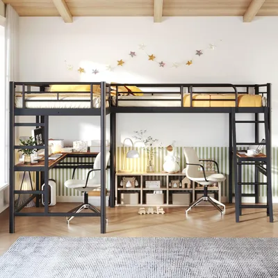 Produktbild von okwish Hochbett 90*200cm, zwei Etagenbetten mit Tisch unter dem Bett, Doppeltreppe, hohes Geländer, ohne Matratze- schwarz
