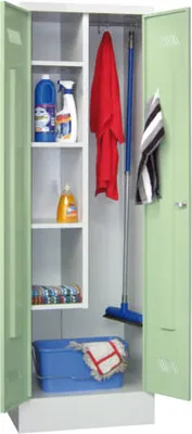 Produktbild von Putzschrank mit Sockel - 1 Abteil mit Trennwand - 1.850x600x500 mm (HxBxT) - Zylinderschloss - enzianblau/zinkgelb