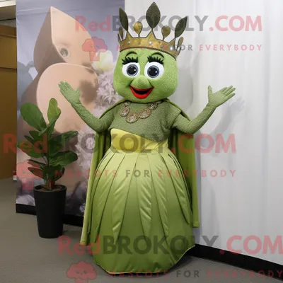 Produktbild von Maskottchenfigur REDBROKOLY einer Olivenkönigin mit Wickelkleid und Krawattennadeln
