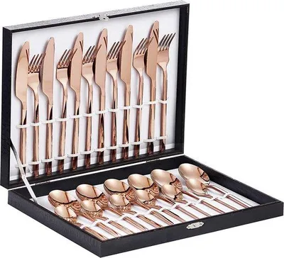 Zdjęcie produktu dla 24-częściowy zestaw sztućców premium ze stali nierdzewnej dla 6 osób, polerowany, w kolorze różowego złota, w pudełku prezentowym