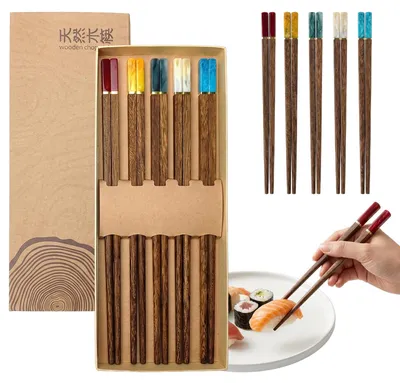 5 Paar hölzerne Essstäbchen, spülmaschinenfest, in Geschenkbox