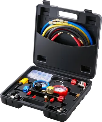 Produktbild von Kältemittel Manometer 4-Wege Auto Kältemittel Verteiler Messgeräteset, R134A-R12-R410A-R22 AC 4 Stk. 5 Fuß Ladeschläuche Kältemittel Manifold Messgerät AC-Diagnosewerkzeuge Autoklimaanlagen