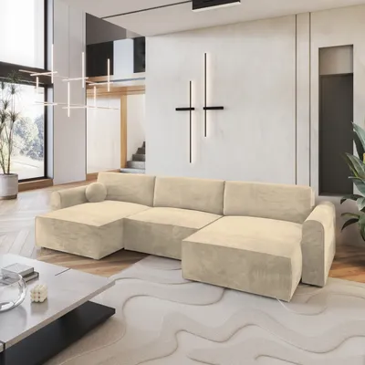 Produktbild von Masseno Ecksofa FENTO M mit Schlaffunktion U-Form, Sofa mit Bettkasten, Wohnzimmersofa, Couch, Soffa, Bettsofa, Couchgarnitur- Creme, MONOLITH 04