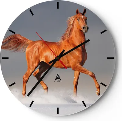 Produktbild von Wanduhr - Rund - Glasuhr - Tiere Pferd Galopp Geschwindigkeit - 30x30cm - Schleichendes Uhrwerk - Lautlos - zum Aufhängen bereit - Dekoration Modern - Wanddekoration aus Glas - C3AR30x30-2590