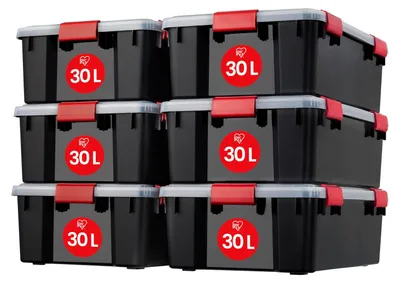 Productafbeelding van Opbergboxen met deksel en sluitclips - 6-delige set - 30 L - 59 x 39 x 19 cm - Zwart - Luchtdicht en stapelbaar