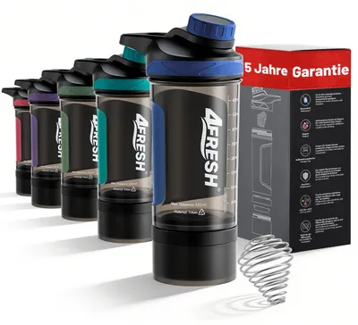 Produktbild von 4FRESH Protein Shaker Flasche 500 ml aus Tritan - BPA-Frei mit Skala & Magnetverschluss, Spiralmixer & Aufbewahrungsbox für Pulver & Kapseln
