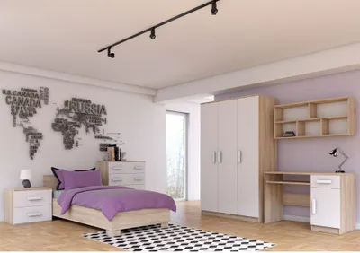 Produktbild von Kinderzimmer-Set Bett Schrank Wandregal Kommode Schreibtisch Nachttisch Sonoma/Weiß mit weiße Griffe und Matratze JONAS IV 03