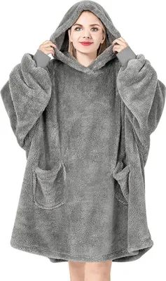 Produktbild von WOLTU Hoodie Decke mit Ärmeln und Kapuze Kuscheldecke flauschig warm Pullover Decke zum Anziehen Erwachsene, Deckenpullover für den Winter, grau, 95x85 cm
