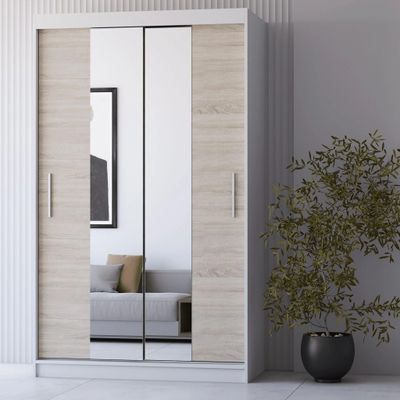 Schwebetürenschrank Kleiderschrank Schrank 120cm Weiß/Sonoma Eiche mit zwei Spiegeln Neomi 01