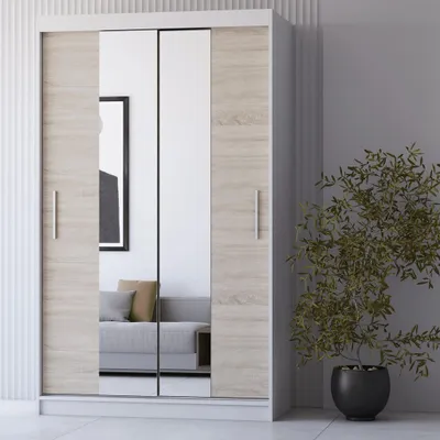 Produktbild von Schwebetürenschrank Kleiderschrank Schrank 120cm Weiß/Sonoma Eiche mit zwei Spiegeln Neomi 01