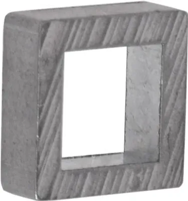 A close-up, isolated shot of a gray metal square washer with a square hole in the center.