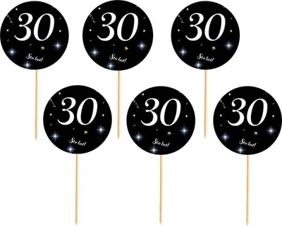 Immagine prodotto di Topper per il 30° compleanno, sfondo nero, scritta bianca, 6 pezzi.