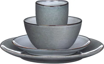 Image de service de table artisanal 16 pièces pour 4 personnes, 100% céramique, 4 gobelets, 4 bols, 4 petites assiettes, 4 assiettes plates