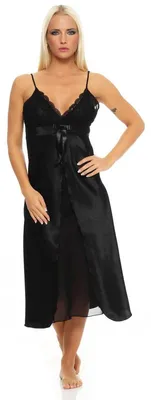 Produktbild von Damen langes Negligé Nachtwäsche Nachtkleid Dessous Satin; Schwarz S