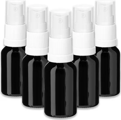 Produktbild von 5x Glasflasche schwarz 15 ml mit weißem Zerstäuber leere Miniflasche