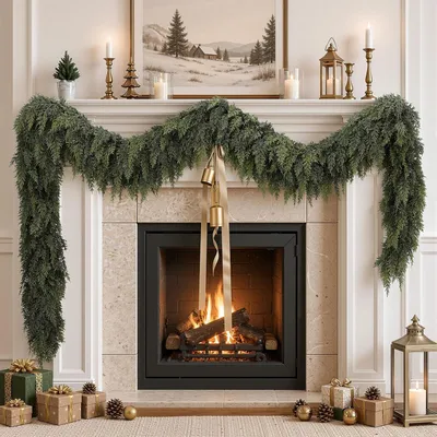 Productafbeelding van 273 cm realistische kerstkrans - Kunstplantdecoratie voor schoorsteenmantel, trap, muur - 1 verpakking