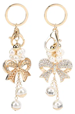 Image de 2 porte-clés avec nœud, jolie perle artificielle, porte-clés pour voiture, porte-monnaie, accessoire pour sac à dos