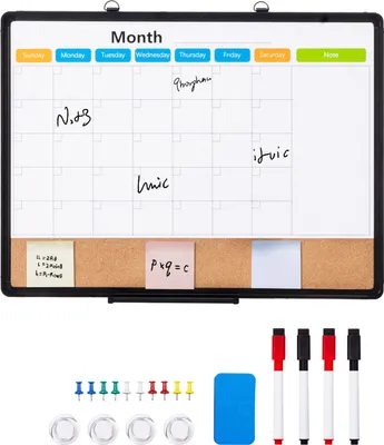 Image de SucceBuy Tableau blanc mensuel 24 "x18" & tableau en liège combinés avec cadre aluminium - Tableau effaçable à sec magnétique 2 en 1 pour montage mural - Parfait pour le bureau, l'école, la maison - Argenté