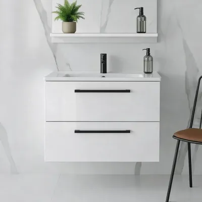 Produktbild von Waschtisch mit Unterschrank ONE mit Waschbecken 2 große Schubladen Weiß Hochglanz 60x50x46 hängend Badmöbel Badezimmer schwarze Griffe Badezimmermöbel