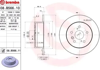 Produktbild von 2x BREMBO Bremsscheibe 08.B566.11 für TOYOTA Camry Limousine (_V4_) 67mm 281mm