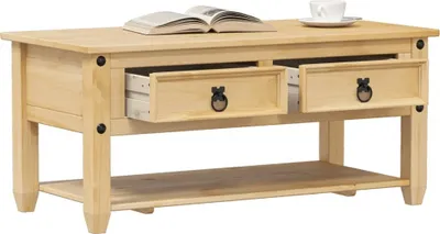 Image de Table basse exclusive Corona, 100x48x45 cm, en bois massif de pin, avec tiroirs