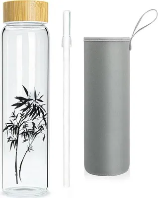 Produktbild von Famanu Glas-Trinkflasche 1 Liter mit Strohhalm und Bambusdeckel - nachhaltig und stilvoll