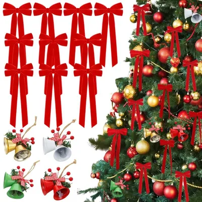 Weihnachtsbaumschleifen, 14 Stück, rot, 26×13×1,5 cm, mit Glöckchen