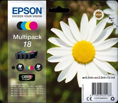 Produktbild von Tintenpatronen Epson Multipack 18 B/C/M/Y Packung mit 8 Stück