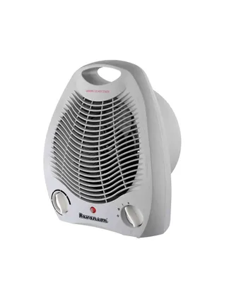 A white electric fan heater is shown against a white background.
