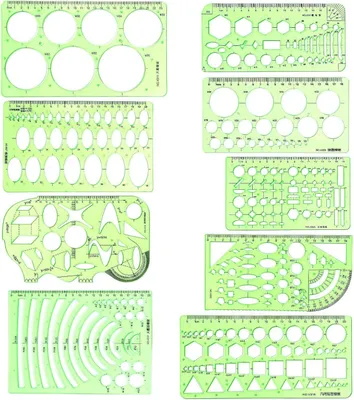 Productafbeelding van Plastic geometrische tekensjablonen en vormen met metrische schaal - Set van 9 - Cirkel - Ellips - Veelhoek