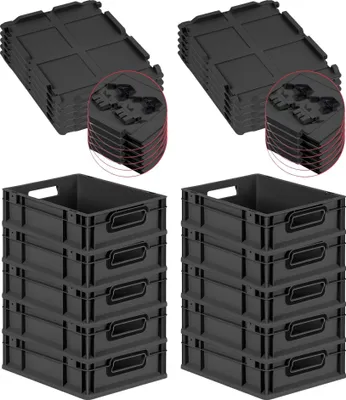 Produktbild von SuperSparSet 10x Eurobox NextGen Color mit Scharnierdeckel und Schiebeschnappverschlüssen | HxBxT 12x30x40cm | 11 Liter | Schwarz | Griffe schwarz offen | Glatter Boden | Eurobehälter, Transportbox, Transportbehälter, Stapelbehälter