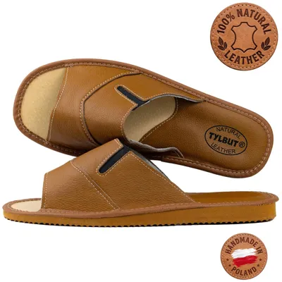 Productafbeelding van Heren slippers van leer, open model, lichtbruin, elastisch, met handgemaakte details, maat 44