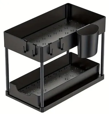 Productafbeelding van Keukenplank - Inbouwplank voor de keuken - 2 niveaus - met lades en haken - Keukenplank - 39,5 x 21,5 x 26 cm - Uittrekbaar - Plank - Geschikt voor badkamers, aanrechtbladen en wasruimtes - Multifunctionele plank - Zwart