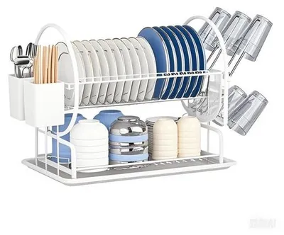 Produktbild von Weißer 2-lagiger Abtropfständer mit Ablaufteller und Besteckhalter