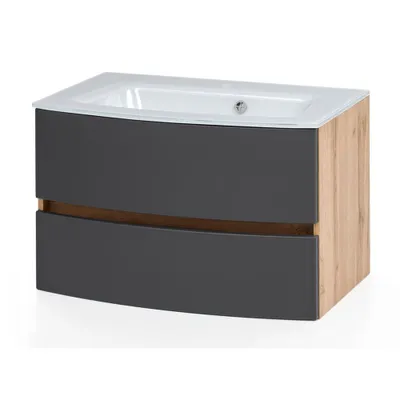 Produktbild von Badmöbel Waschtisch 80 cm Wotaneiche Nb. mit matt grau LAURIA-03  inkl. Glaswaschbecken weiß, BxHxT: ca. 80x53x49 cm