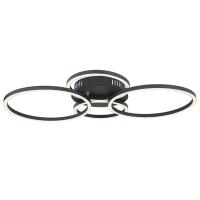 A modern black ceiling light with three interlocking rings illuminated by white LED lights, set against a plain white background.