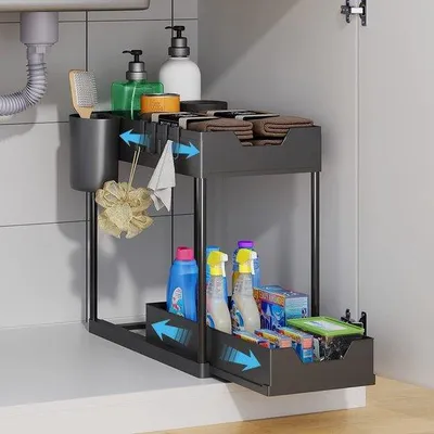 Produktbild von Küchenorganizer mit 2 Schubladen, 2-Tür-Unterwasserregal, ausziehbar, mit 4 Haken und 1 Unterteller, schwarz, für Arbeitsplatte