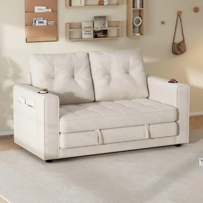 Produktbild von Merax Schlafsofa 2-Sitzer, ausziehbares Doppelschlafsofa, 3-fach klappbar, Chenille-Sofa mit Getränkehaltern und Stautaschen, 141 × 216 cm, Beige