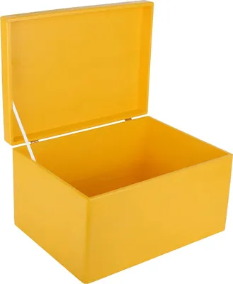 An open yellow wooden box with a lid.