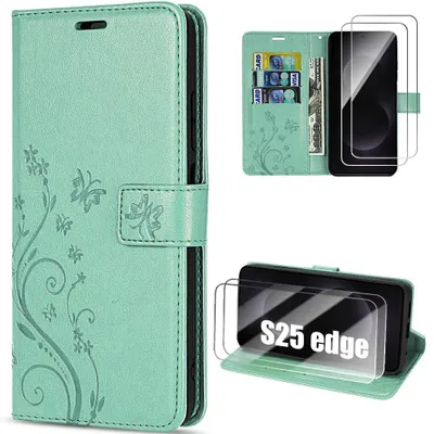 Image de Coque + 2 Verres Trempés pour Samsung Galaxy S25 Edge, Protection Effet Cuir Vert Motif Papillon Plante