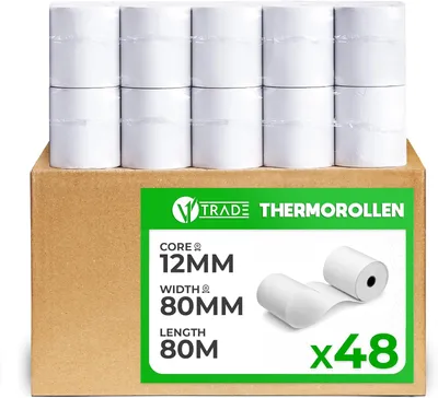 Produktbild von V1 Trade Thermorollen 80mm x 80m x 12mm (48 Stück) – Thermopapier Kassenrollen für Registrierkassen und Bondrucker, 42 g/m², BPA-frei
