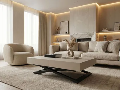 Produktbild von Couchtisch Höhenverstellbar Cavetta U - Esstisch 120-200x80x27-76 cm Kaschmir Beige mit Schwarzem Metallgestell