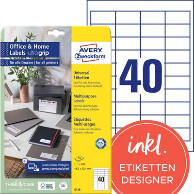 Image de Avery Zweckform 6126 Étiquettes universelles, 48,5 x 25,4 mm, 10 feuilles/400 étiquettes, blanc