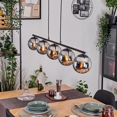 Immagine prodotto di Lampada a sospensione Gastor, lampada a 5 luci in metallo/vetro, finitura nera/cromata/fumé, design moderno in stile retrò/vintage (paralumi di circa 15 cm di diametro), attacco E14, ideale per sala da pranzo, cucina, soggiorno