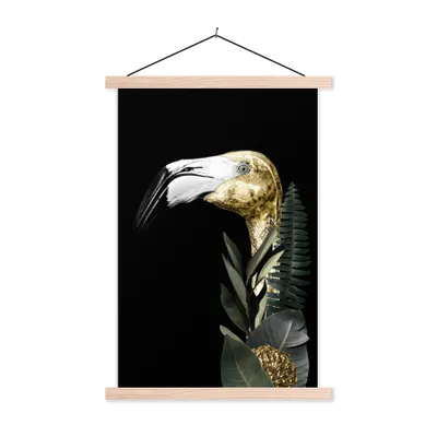 Produktbild von MuchoWow® Textilposter Flamingo - Gold - Schwarz 40x60 cm mit holzfarbenen Rahmen - Poster
