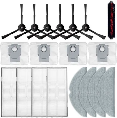 A collection of cleaning accessories for a robot vacuum cleaner, including brushes, dust bags, and filters, arranged on a white background.